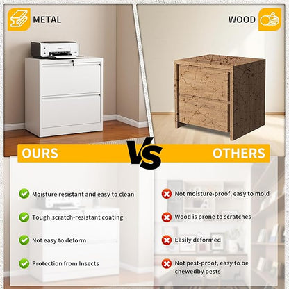 File Cabinet with Lock, 2 Drawer Lateral Filing Cabinets for Home Office, Metal Heavy Duty Steel Storage Cabinets for Hanging Letter/Legal/F4/A4 Size, Assembly Required White