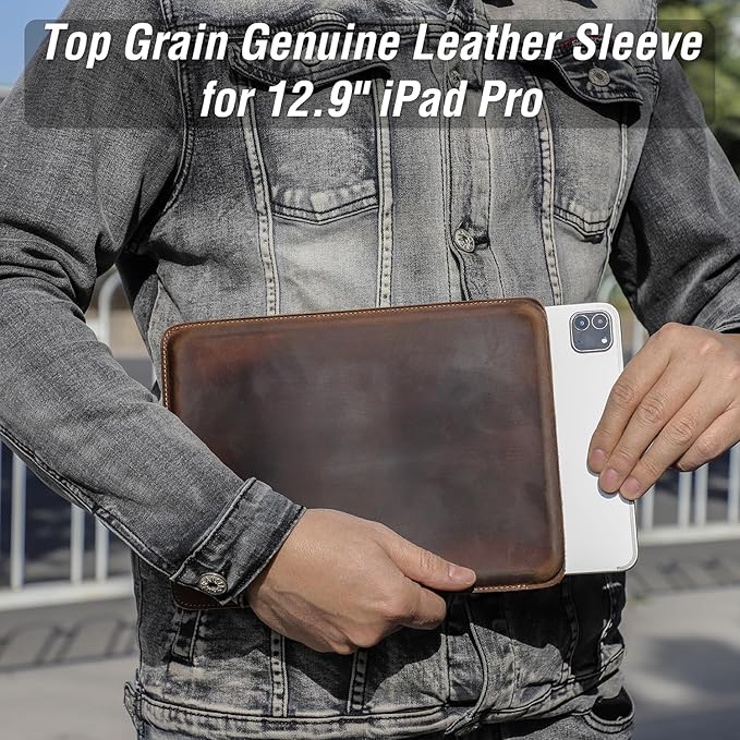 Top Grain Leather 12.9" Tablet Sleeve Slim Protector, Vintage Design, Fully Handmade, Compatible with 12.9" iPad Pro 3/4/5/6 Gen, Fits A2233 A2069 A2378 A2379 A2461 A2462, Coffee 12.9 Inch