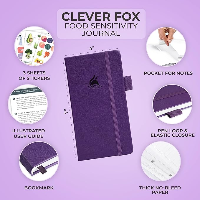 Clever Fox Food Sensitivity Journal Pocket – Daily Intolerance & Symptom Log for IBS, Diabetic, Low Fodmap, Elimination Diet – Health Tracker, 3.7x6.7 (Purple)