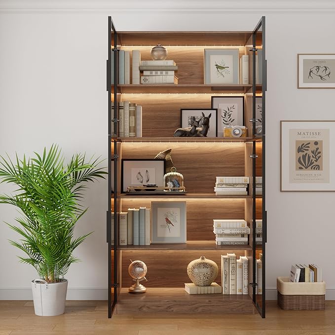 78.7" Display Cabinet with 4 Glass Doors, 5 -Tier Storage Cabinet with LED Lights, Tall Walnut Bookcase with Storage, Wooden Display Case for Collectible, Living Room, Office (Walnut)