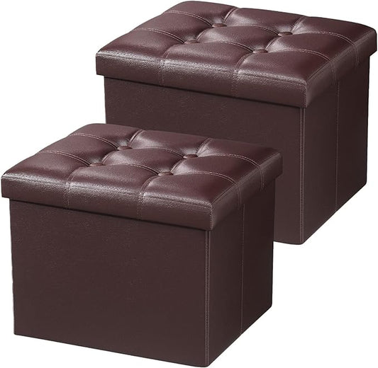 AmasSmile Storage Ottoman Folding Foot Rest Stool, Leather Footstool Bench, Short Ottoman Stool, Storage Foot Rest Store, Books (Brown-2pc, 17" D x 13" W x 13" H)