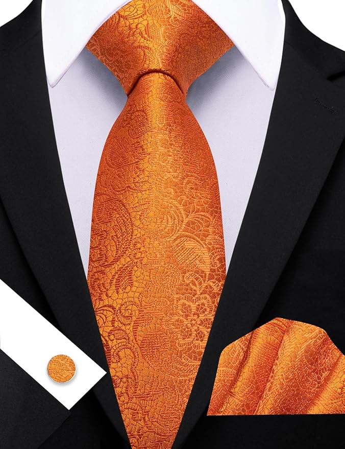 Barry.Wang Tie Sets for Men Silk Solid Necktie Stain Ties Handkerchief Pocket Square Cufflinks Wedding Business Dyed