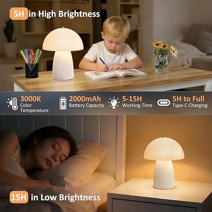 11" Mushroom Table Lamp, Small Ceramic Desk Bedside Lamp with Touch Control 3-Way Dimmable & Glass Shade, Modern Nightstand Lamp for Living Room Bedroom Home Office Crackle Texture Decor-White