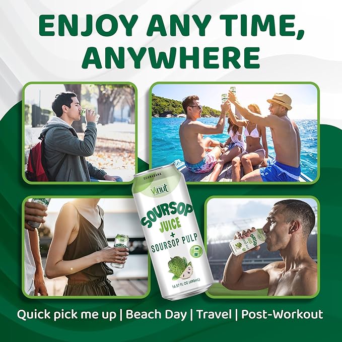 Vinut 100% Soursop Juice With Pulp (16.57 fl oz, Pack 6), No Sugar Added, Real Guanabana Soursop Graviola Drink, Fresh, Natural, Not from Concentrate (NFC)