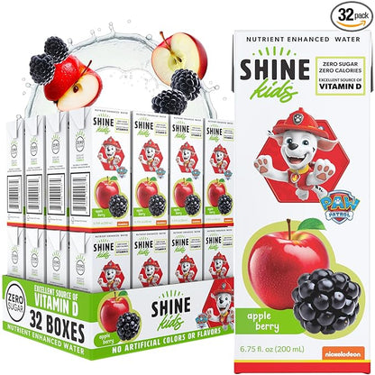 ShineWater Kids x Paw Patrol Vitamin D Apple Berry Juice Boxes | No Added Sugar | Naturally Flavored Drink for Kids | Vegan Gluten Free Hydration | 32 Pack