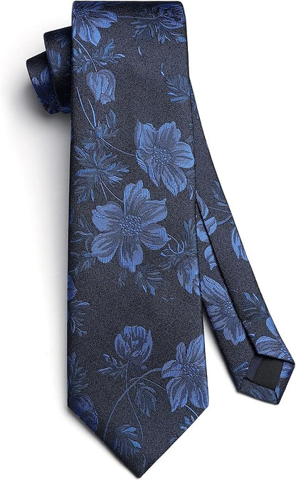 HISDERN Men Floral Ties Woven Classic 3.4" Necktie Set Formal Tie Pocket Square for Wedding with Handkerchief Gift Box