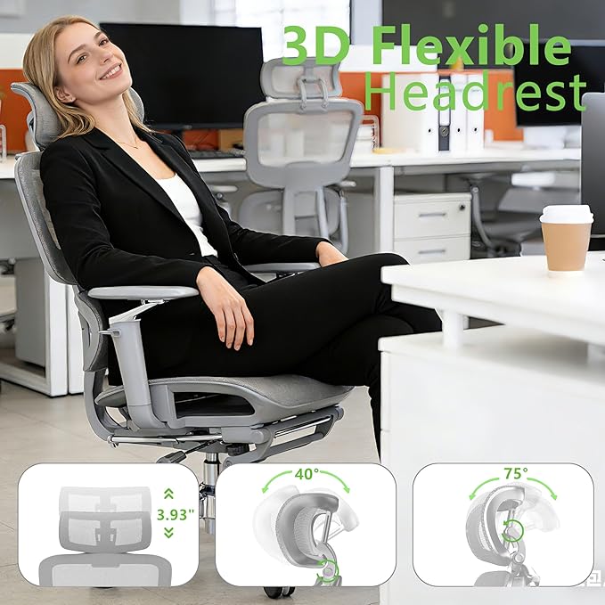 Ergonomic Office Chair with Footrest - 6D Adjustable Arms, 3D Separate Lumbar Support & Headrest, Big and Tall High Back Mesh Chair for Long Hours Working, Gaming (400 lbs Capacity)