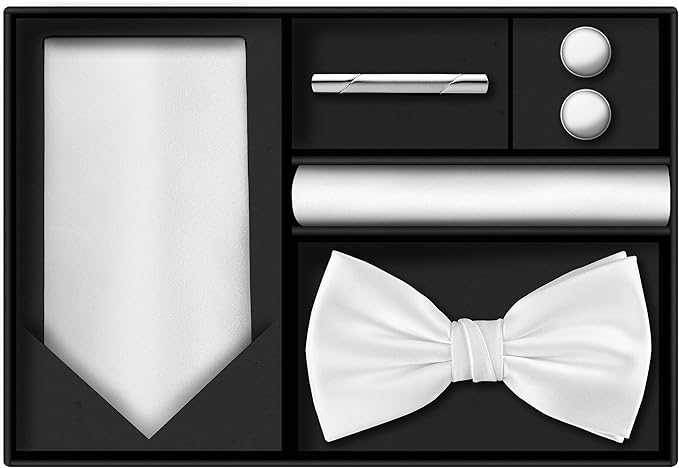 TIE G 5pcs Tie Set in WHITE OR BLACK GIFT BOX: Solid Color Necktie, Satin Bow Tie, Pocket Square, Lapel, Cuff Links