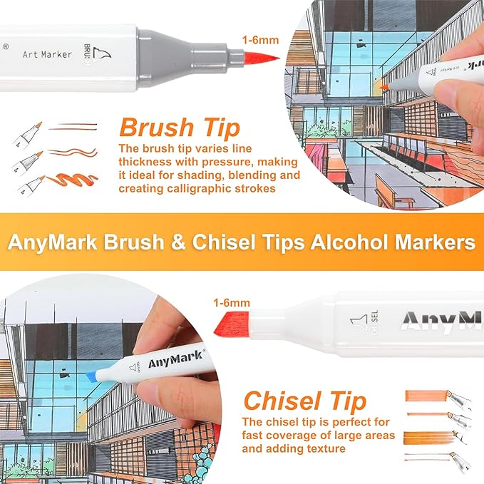 AnyMark Alcohol Markers Brush Tip, 120+1 Colors Dual Tip Brush & Chisel Alcohol-Based Art Markers Set with Case for Kids Adult Artists Drawing Coloring