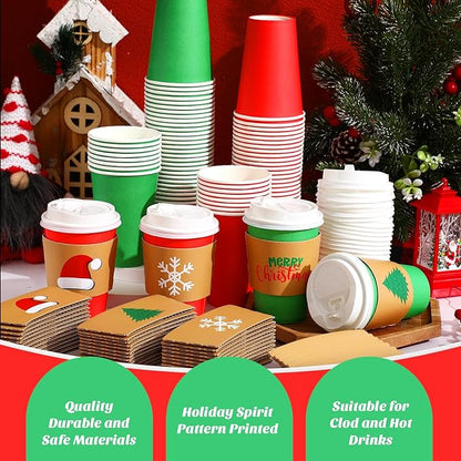 48 12 oz Christmas Cups with Lids and Coffee Cup Sleeves Bulk Red Green Disposable Christmas Paper Coffee Cups for Beverage Chocolate Tea Cocoa Xmas Holiday Table Decorations Party Favors
