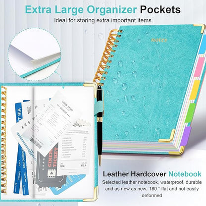 Hardcover Spiral Notebook 8"x10" Journal Notebook with Tabs and Removable Dividers 300 Pages 5 Subject Notebook College Ruled, Faux Leather Spiral Bound Notebook for Women School Work (Blue)