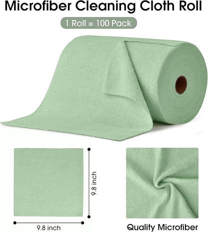KitchLife Microfiber Cleaning Cloth Roll, 100 Pack - Tear-Away Microfiber Paper Towels, Lint-Free, Reusable, Washable for Kitchen, Car, Dishes, and Sensitive Surfaces (Bean Green)