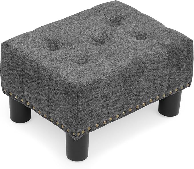 Athena Collection Small Foot Stool Ottoman with Storage, Rectangular Mini Ottoman with Legs Tufted Ottoman Foot Rest Stool Upholstered Ottoman Footstool with Nailhead Trim & Zipper, Dark Gray