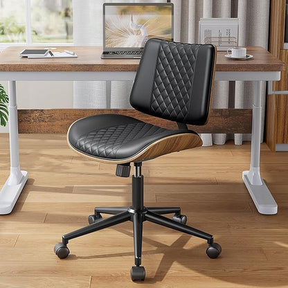 Armless Office Chair, Mid Century Modern Desk Chair with Walnut Wood Back & SGS Level 3 Gas Lift, Swivel PU Leather Computer Chair for Small Space, Home Office, 300lbs Cap, Black Set of 2