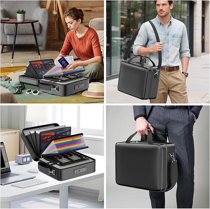ENGPOW Fireproof Document Box with Lock, Fireproof Water Resistant Hard Case File Organizer Safe Box with Multi Pockets, Protects Important Documents Certificates Laptop Passports (Black)