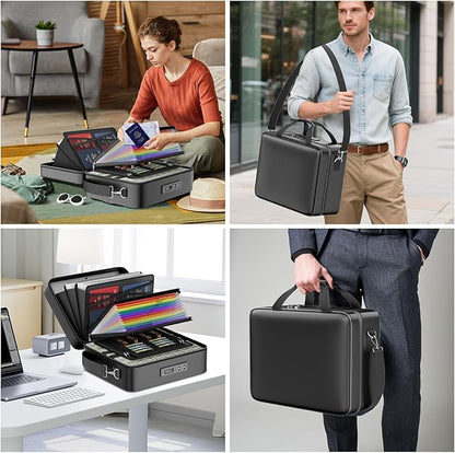 ENGPOW Fireproof Document Box with Lock, Fireproof Water Resistant Hard Case File Organizer Safe Box with Multi Pockets, Protects Important Documents Certificates Laptop Passports (Black)