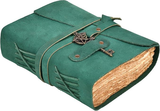 LEATHER VILLAGE Leather Bound Vintage Journal for Women & Men - 13"X8"(A4), Turquoise, 200 Pages of Handmade Deckle Edges Watercolor Paper - Antique Lock Closure - Book of Shadow