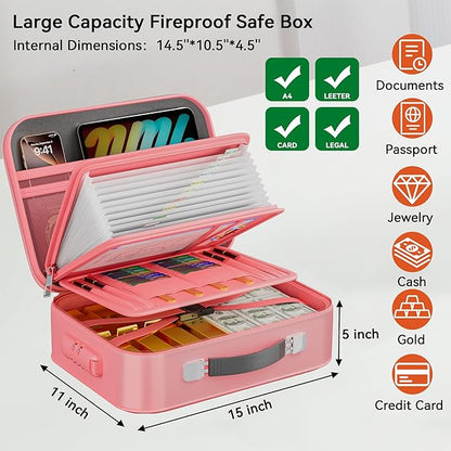 Fireproof Document Box, Hard Case Fireproof Box with Lock, Portable Hard-Shell Fireproof Water Resistant Document Safe for Important Documents, Laptops, Passports, Files and More (Pink)