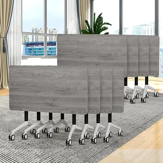 Conference Room Table, 55 Inch Folding Conference Tables with Wheels, Modern Office Meeting Table, Easy Flip & Nest Design, Rectangular Seminar Tables with Metal Frame for 2-24 People(C 8PCS)