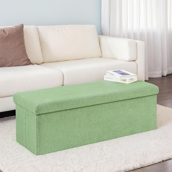 43 Inches Storage Ottoman Bench - Square Ottoman with Sherpa Top,Storage Bench for Bedroom,43" L x 15" W x 15" H - Green