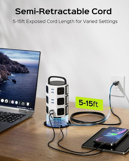Power Strip Tower Surge Protector, JACKYLED 1625W 13A Outlet Surge Electric Tower, 12 Outlets 6 USB Ports Charging Station with 16AWG 15ft Heavy Duty Extension Cord for Home Office Dorm