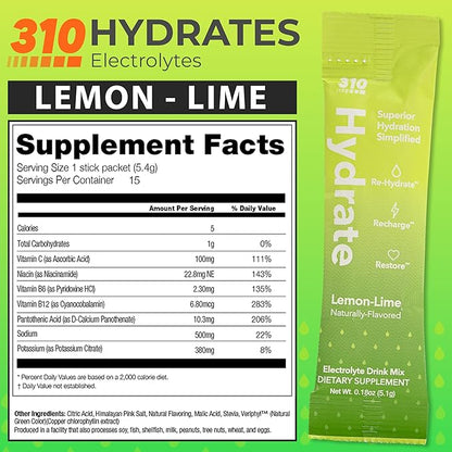 310 Nutrition Sugar Free Electrolytes Powder - Instant Hydration Packets for Daily Fluid Balance - Caffeine-Free Rehydration Drink Mix w/Vitamins, Low Calorie & Keto Friendly - Lemon Lime 15 Singles