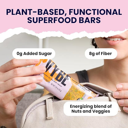 Vybe Snacks Savory Nutrition Bars Turmeric Ginger Flavor | Plant Based Vegan, Zero Added Sugar, Gluten Free, Keto Friendly, No Artificial Ingredients, Organic, 8-9 gm Protein & Gut Friendly Fiber Crunchy & Delicious (Box of 12, 45g each)