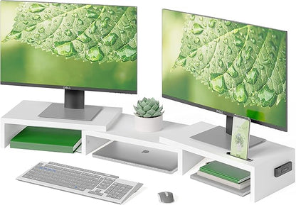 BONTEC Dual Monitor Stand for Desk, Adjustable Length and Angle Monitor Stand Riser with Smartphone Holder, Desk Shelf for Top of Desk, Computer Monitor Stand with Storage, Office Desk Organizer, White