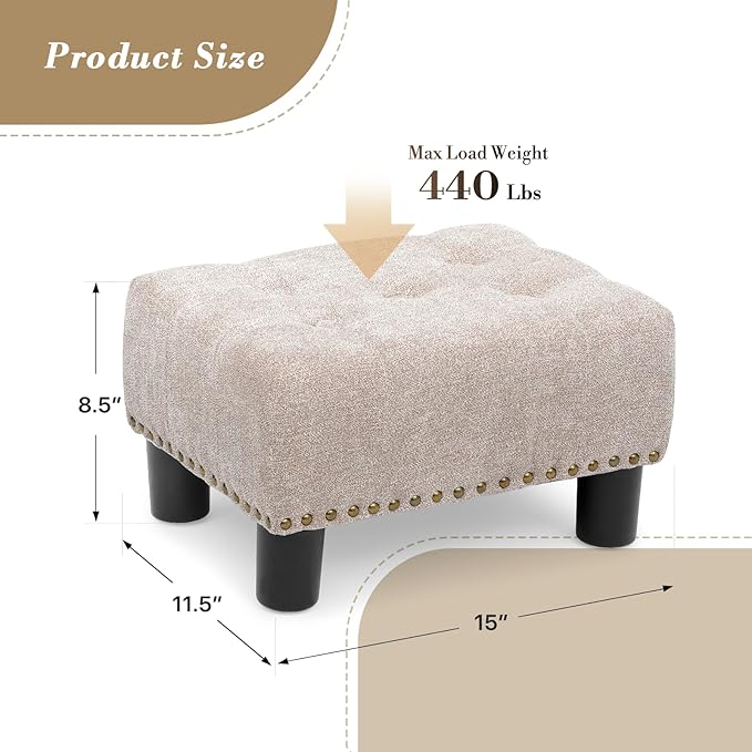 Athena Collection Small Foot Stool Ottoman with Storage, Rectangular Mini Ottoman with Legs Tufted Ottoman Foot Rest Stool Upholstered Ottoman Footstool with Nailhead Trim & Zipper, Sandy Beige