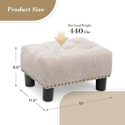 Athena Collection Small Foot Stool Ottoman with Storage, Rectangular Mini Ottoman with Legs Tufted Ottoman Foot Rest Stool Upholstered Ottoman Footstool with Nailhead Trim & Zipper, Sandy Beige