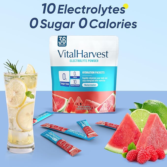 VitalHarvest 36 Sticks Electrolytes Powder Packets No Sugar Hydration Packets Electrolyte Liquid Daily IV Drink Mix with Watermelon, Low Sodium, 0 Calorie