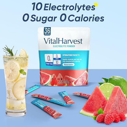 VitalHarvest 36 Sticks Electrolytes Powder Packets No Sugar Hydration Packets Electrolyte Liquid Daily IV Drink Mix with Watermelon, Low Sodium, 0 Calorie