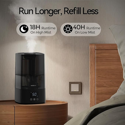 Automatic Humidifiers for Bedroom Large Room, 4.5L Cool Mist Humidifier for Home & Plant with Timer & Humidity Sensor, Last Up to 18H on High Setting, Auto Shut-Off, 360° Nozzle (Black)
