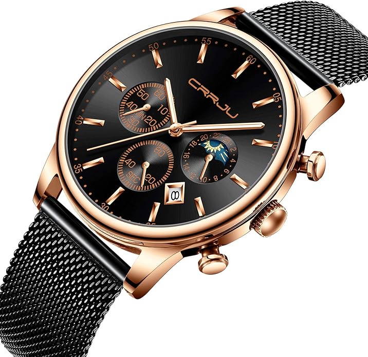 CRRJU Men's Fashion Casual Watches Auto Date Chronograph Watch Men Nice Work Watches Waterproof 30M Full Steel Quartz with Mesh Strap