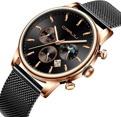 CRRJU Men's Fashion Casual Watches Auto Date Chronograph Watch Men Nice Work Watches Waterproof 30M Full Steel Quartz with Mesh Strap