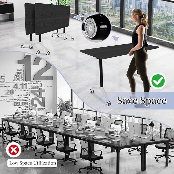 Conference Table, Folding Conference Room Tables on Wheels, Modern Meeting Seminar Table Computer Desk, Boardroom Desk for Office Meeting Conference Room,White,6 Pack 63inch