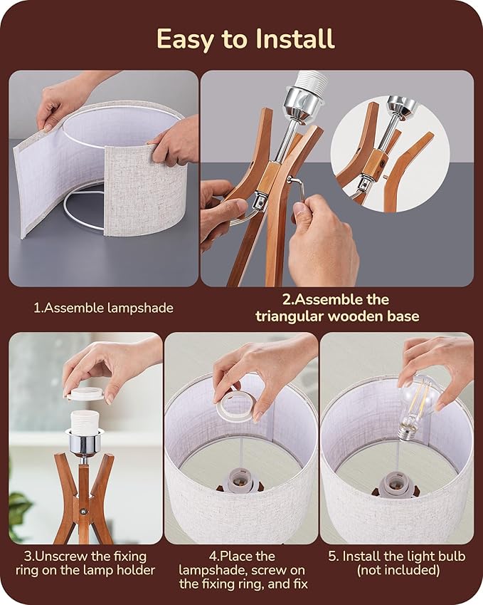 EDISHINE Mid Century Table Lamp, 17.5" Tripod Bedside Lamp with Deep Wood Color Light Base & Beige Linen Lampshade, Nightstand Lamp for Bedroom, Living Room, Reading Room, E26 Base