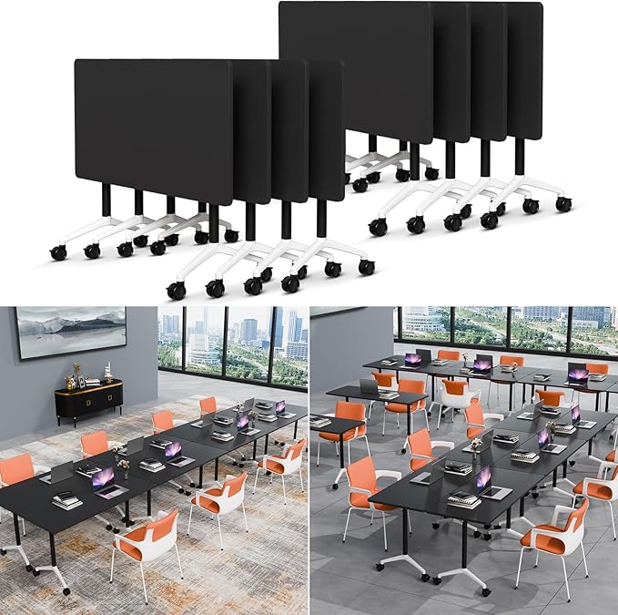 Folding Conference Table Modern Large Mobile Meeting Table Rolling Conference Room Tables with Wheels Seminar Tables for Office Training Classroom (8, Black, 55" D X 23.6" W X 29.5" H)