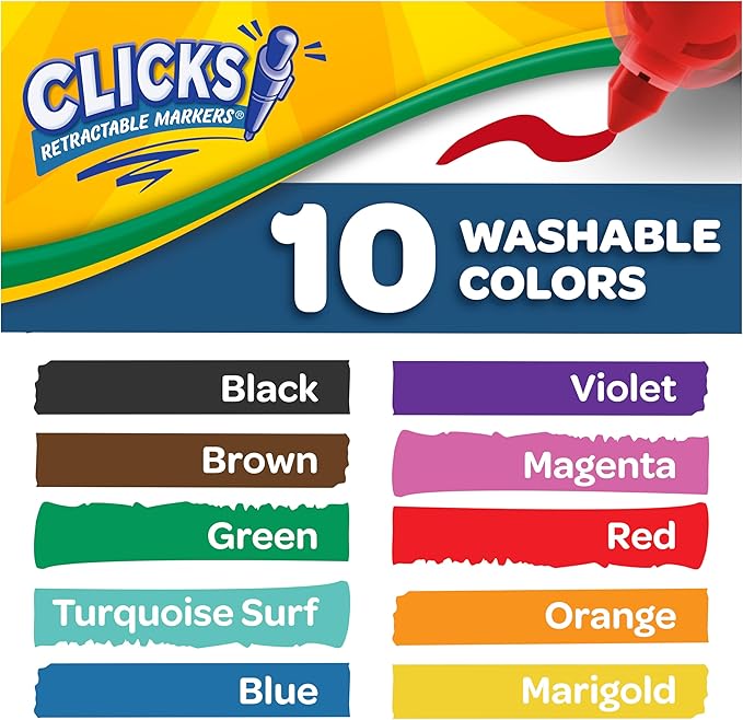 Crayola Clicks Retractable Tip Markers (10ct), Stocking Stuffers for Kids & Toddlers, Cone Tip Washable Art Marker Set, Coloring Book Supplies, No Dry, 3+