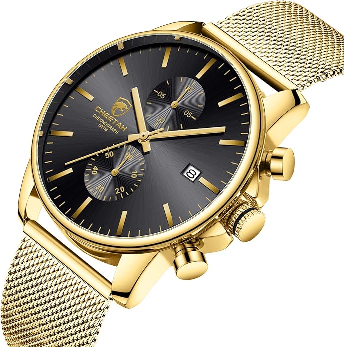 GOLDEN HOUR Mens Watch Fashion Sleek Minimalist Quartz Analog Mesh Stainless Steel Waterproof Chronograph Watches for Men with Auto Date
