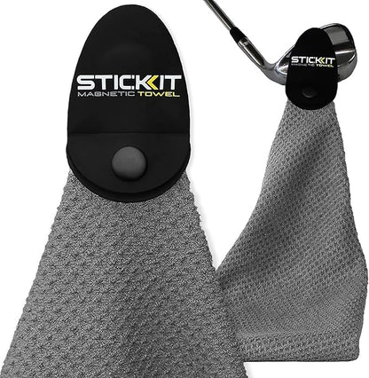 STICKIT Magnetic Towel, Grey | 2-Pack | Top-Tier Microfiber Golf Towel with Deep Waffle Pockets | Industrial Strength Magnet for Strong Hold to Golf Carts or Clubs