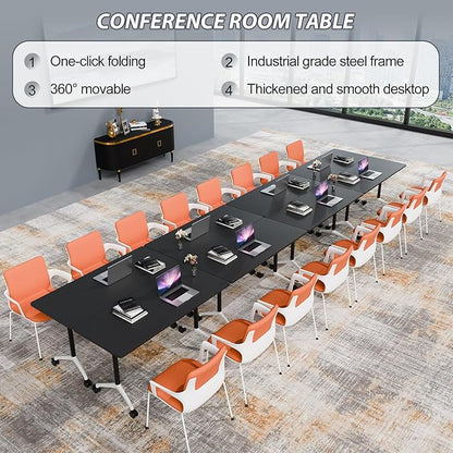 Folding Conference Table Modern Large Mobile Meeting Table Rolling Conference Room Tables with Wheels Seminar Tables for Office Training Classroom (10, Black, 63" D X 19.7" W X 29.5" H)