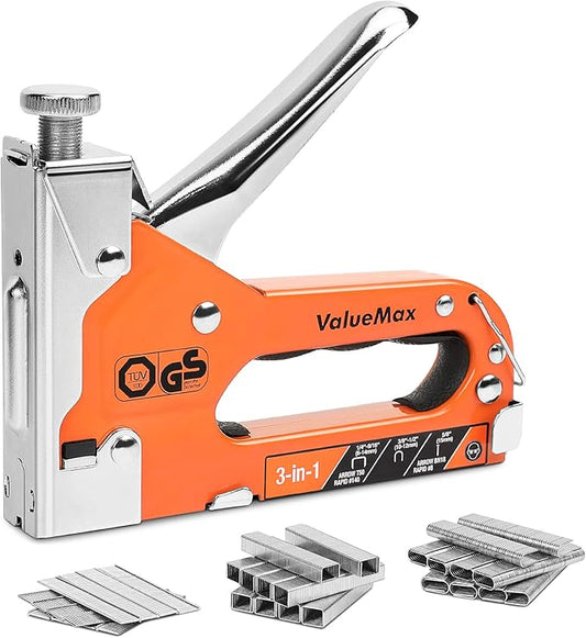 ValueMax Staple Gun, Heavy Duty 3-in-1 Manual Nail Gun with 3000 Staples, Upholstery Stapler for Wood, Furniture, Carpet, Carpentry, DIY, Wire, Decoration, Craft, Fixing Material, Decoration