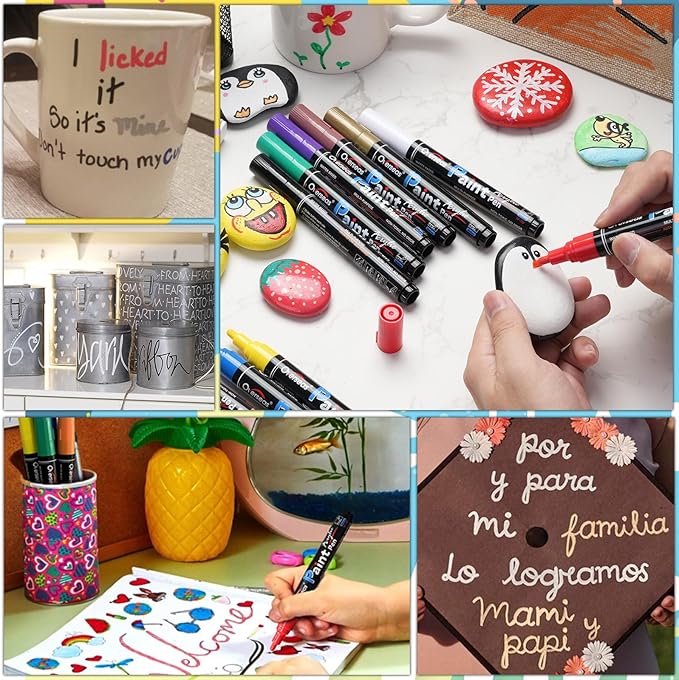 Overseas Acrylic Paint Markers Paint Pens - 8 Colors Permanent Markers Medium Tip, Water Based, Quick Drying, Waterproof, Assorted Colors Marker Pen for Metal, Rock, Wood, Plastic, Glass, Canvas