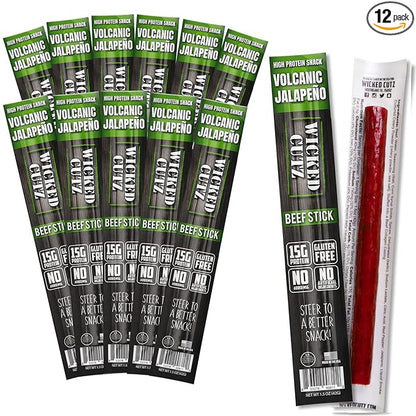 Wicked Cutz Volcanic Jalapeno Spicy Beef Sticks, Tender, Flavorful, Extra Large, Hot Beef Jerky Sticks with 15g of Protein Per Meat Stick, Gluten Free, High Protein, Healthy Snacks for Adults (12 Total)