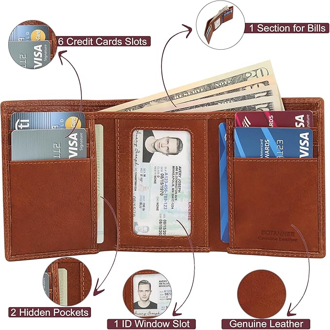 Genuine Leather Mens Trifold Wallet RFID Blocking with 6 Credit Card Slots 1 ID Window Section for Bills 2 Hidden Pockets | Tan