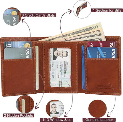 Genuine Leather Mens Trifold Wallet RFID Blocking with 6 Credit Card Slots 1 ID Window Section for Bills 2 Hidden Pockets | Tan