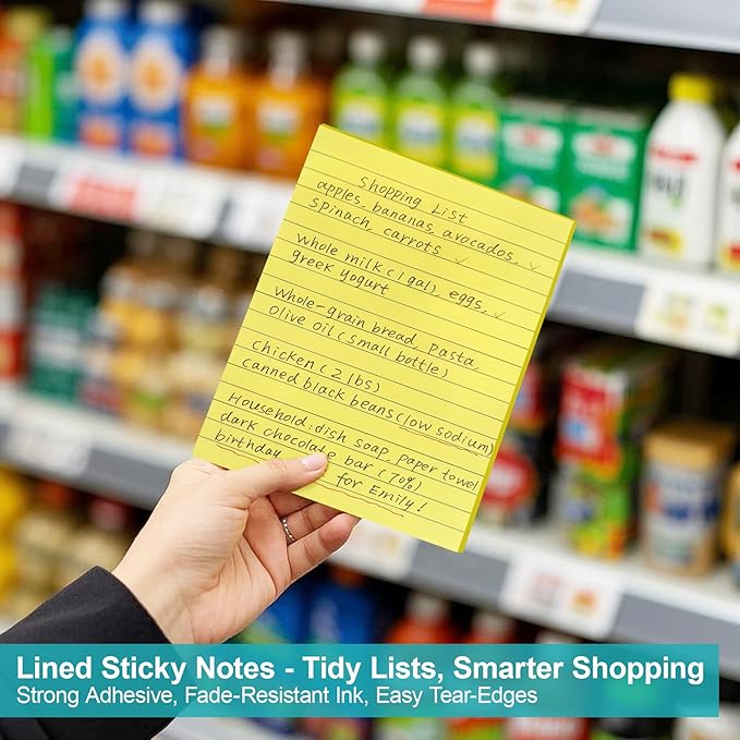 Lined Sticky Notes 4x6 in, 8 Pack Super Sticking Power Self-Stick Note Pads Bright Colors for Home, Office, School