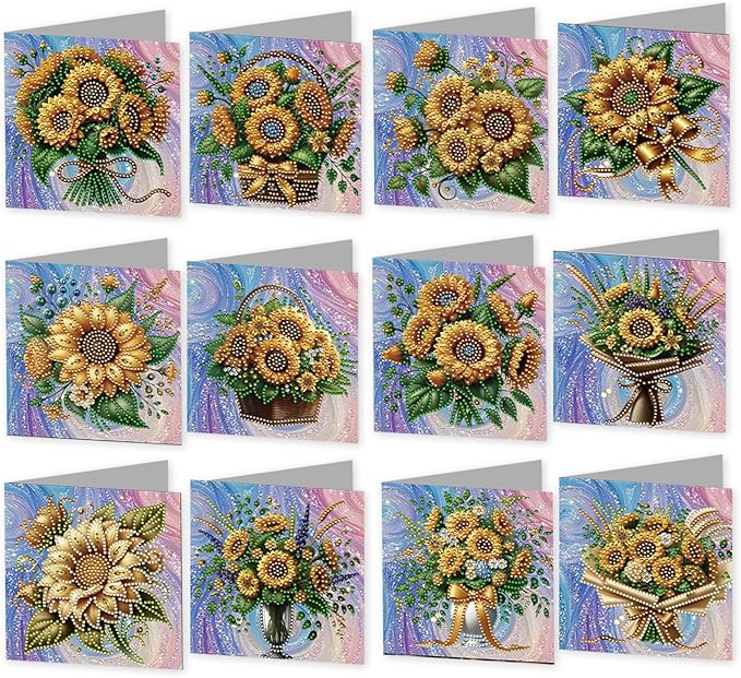 jinglinhh 12pcs Sunflower Basket Diamond Art Painting Greeting Cards with Envelopes, DIY Card Making Kits for Adults, Diamond Art Christmas Cards for Birthday Holiday Postcards Craft Gifts
