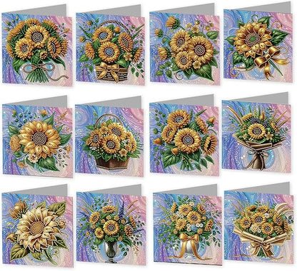 jinglinhh 12pcs Sunflower Basket Diamond Art Painting Greeting Cards with Envelopes, DIY Card Making Kits for Adults, Diamond Art Christmas Cards for Birthday Holiday Postcards Craft Gifts